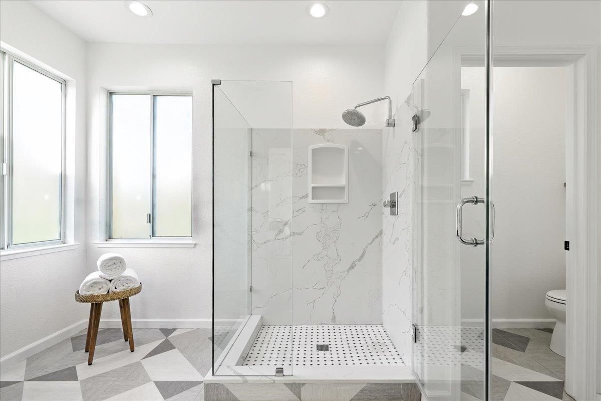 Bathroom, Glass Shower, Interior, Marble Walls, Recessed Lighting
