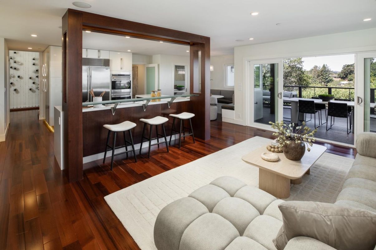 Dining room, Interior, Kitchen, Living room, Recessed Lighting, Stainless Steel Appliances, Wood Texture Flooring