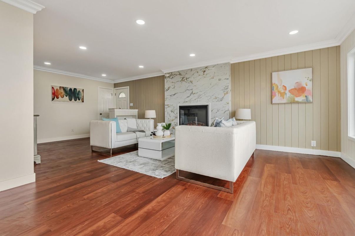 Fireplace, Interior, Living room, Recessed Lighting, Wood Texture Flooring