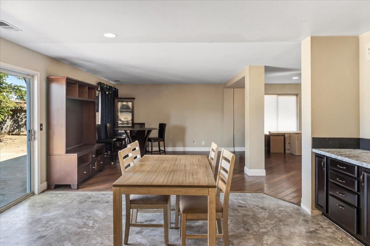 Dining room, Interior, Recessed Lighting, Wood Texture Flooring