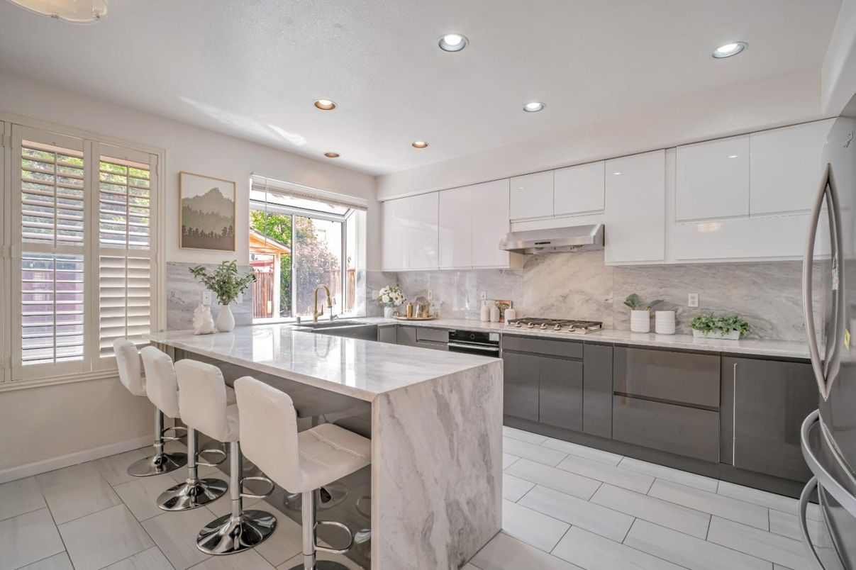 Interior, Kitchen, Marble, Marble Walls, Recessed Lighting, Stainless Steel Appliances