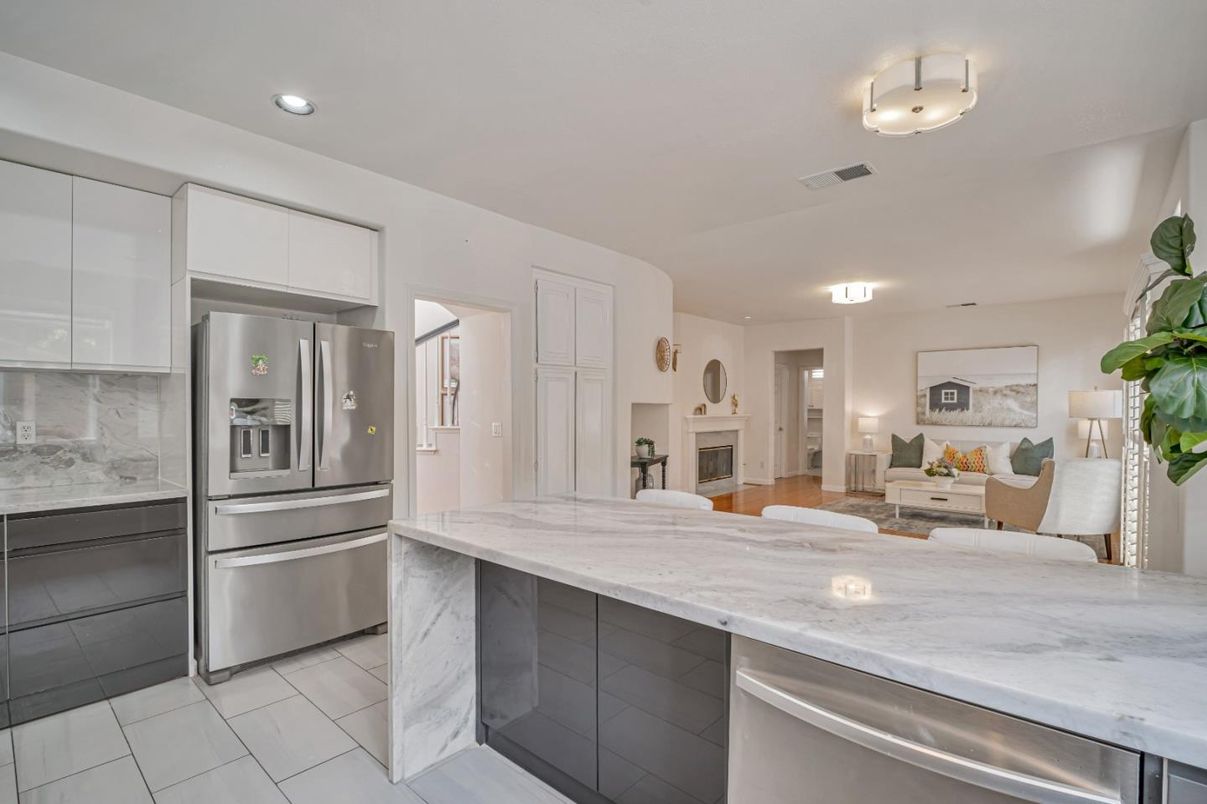 Fireplace, Interior, Kitchen, Living room, Recessed Lighting, Stainless Steel Appliances