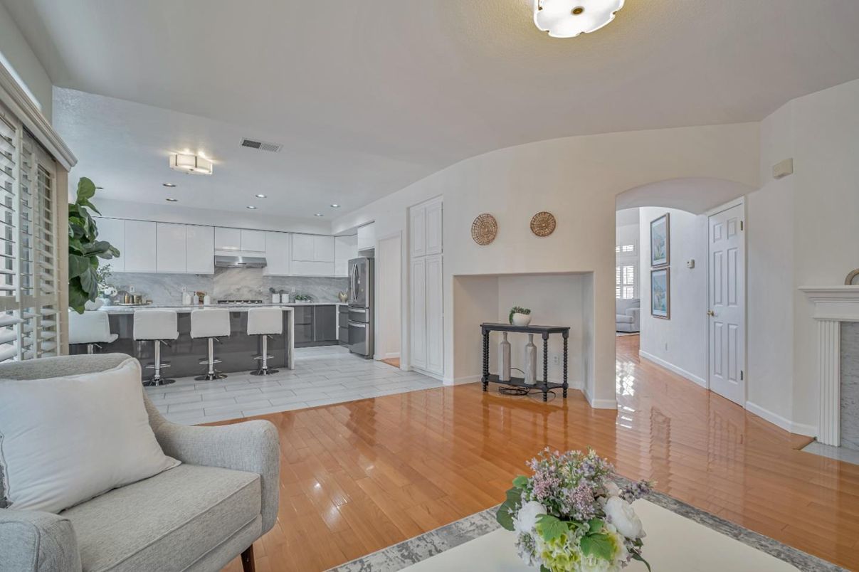 Interior, Kitchen, Marble Walls, Recessed Lighting, Stainless Steel Appliances, Wood Texture Flooring