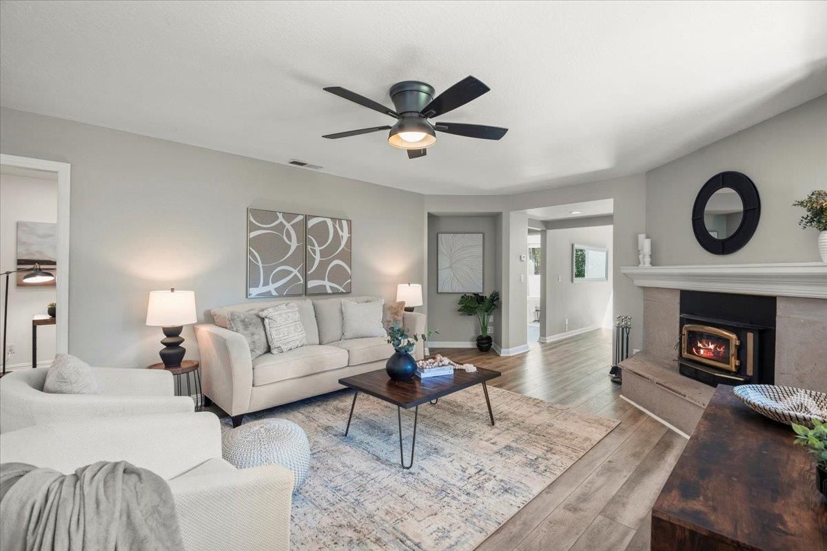 Fireplace, Interior, Living room, Recessed Lighting, Wood Texture Flooring