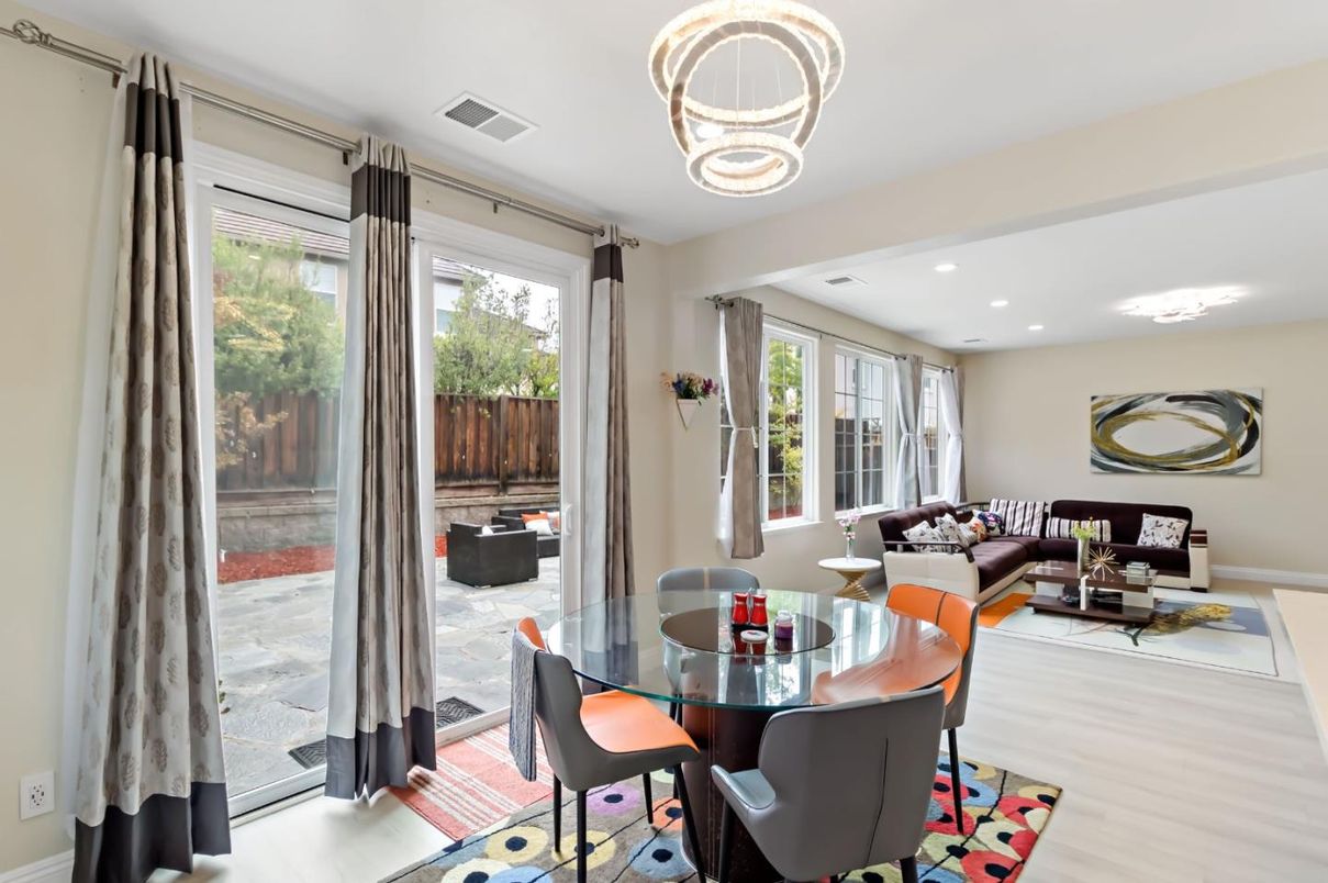 Dining room, Interior, Living room, Recessed Lighting, Wood Texture Flooring