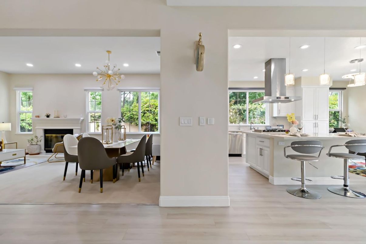 Dining room, Fireplace, Interior, Kitchen, Pendant Lights, Recessed Lighting, Wood Texture Flooring