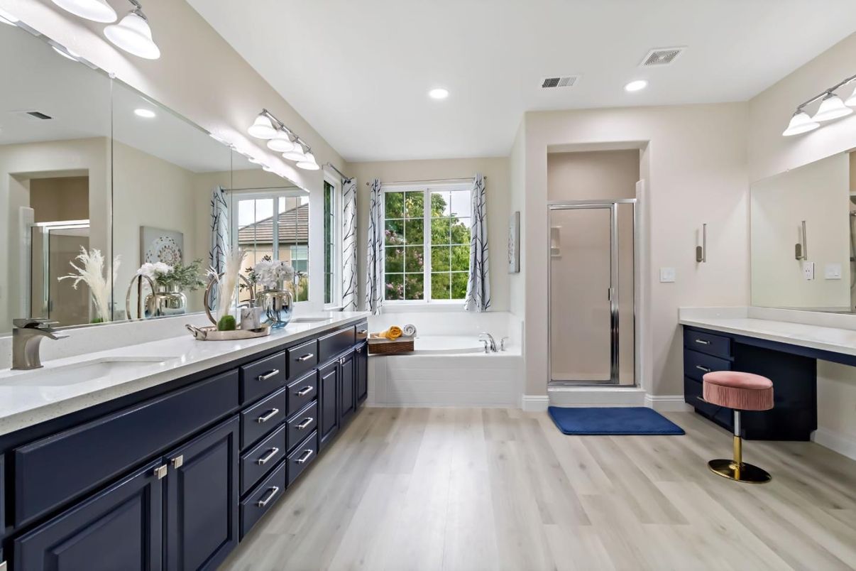 Bathroom, Dual Sink Vanities, Glass Shower, Interior, Recessed Lighting, Wood Texture Flooring