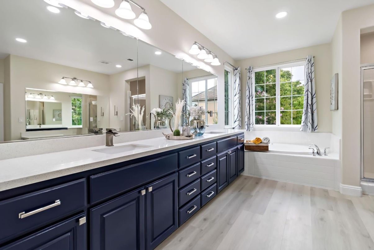Bathroom, Dual Sink Vanities, Interior, Recessed Lighting, Wood Texture Flooring