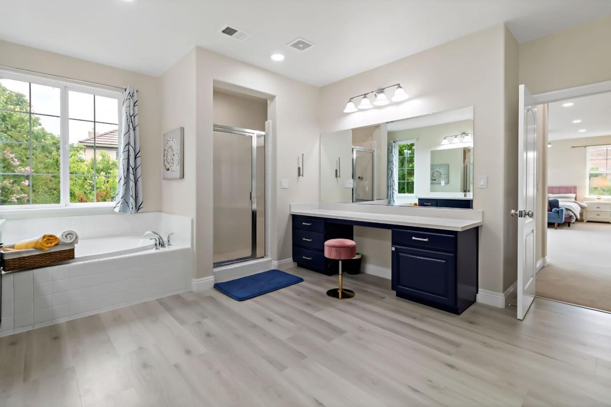 Bathroom, Glass Shower, Interior, Recessed Lighting, Wood Texture Flooring