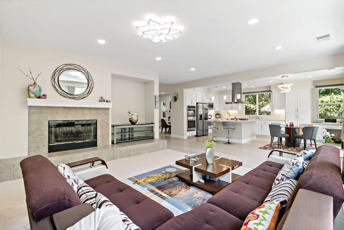 Dining room, Fireplace, Interior, Kitchen, Living room, Pendant Lights, Recessed Lighting, Stainless Steel Appliances
