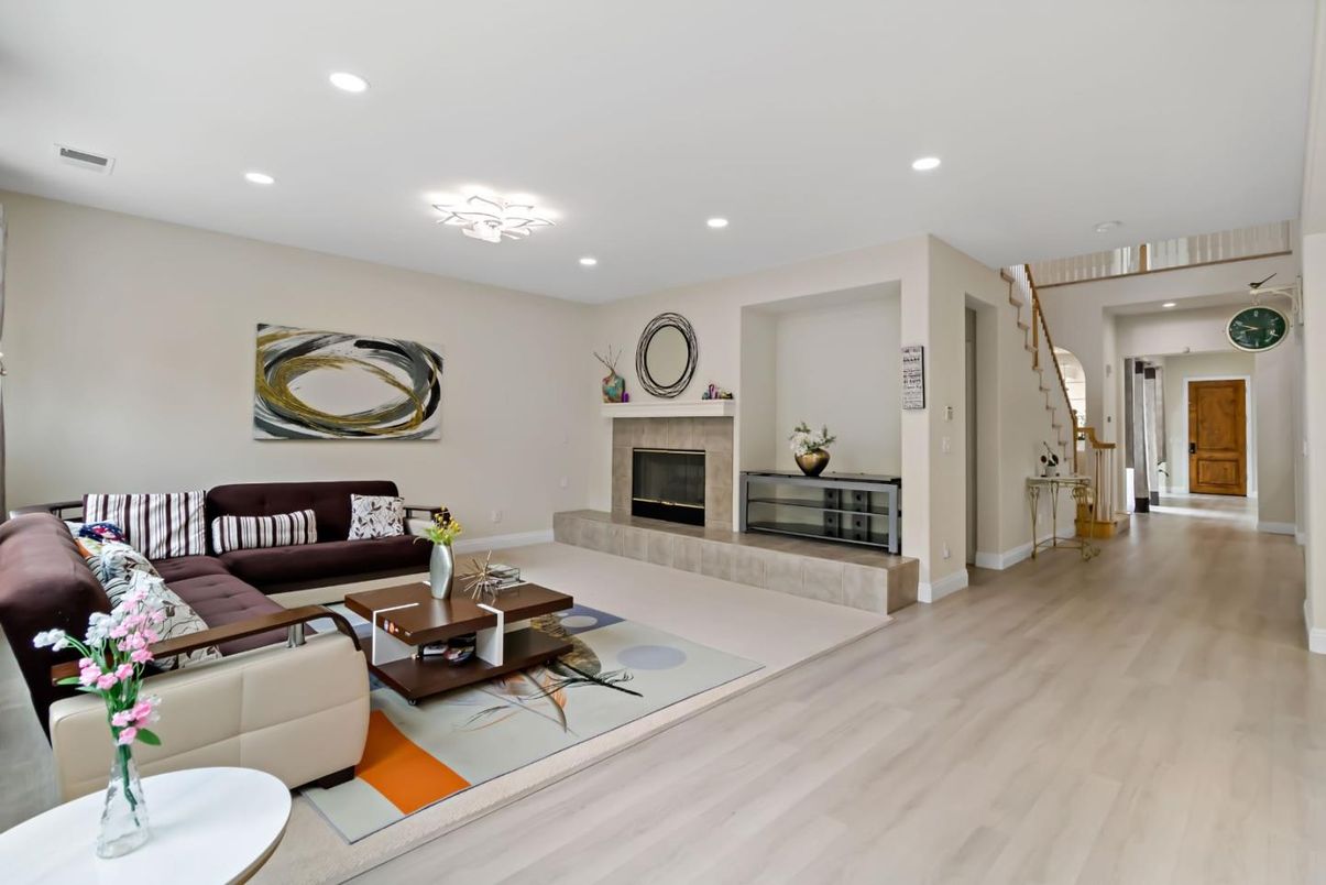 Fireplace, Interior, Living room, Recessed Lighting, Wood Texture Flooring
