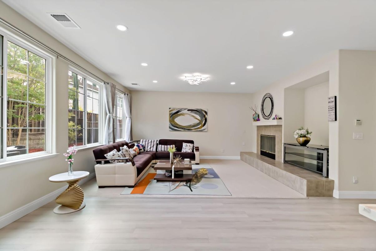 Fireplace, Interior, Living room, Recessed Lighting, Wood Texture Flooring