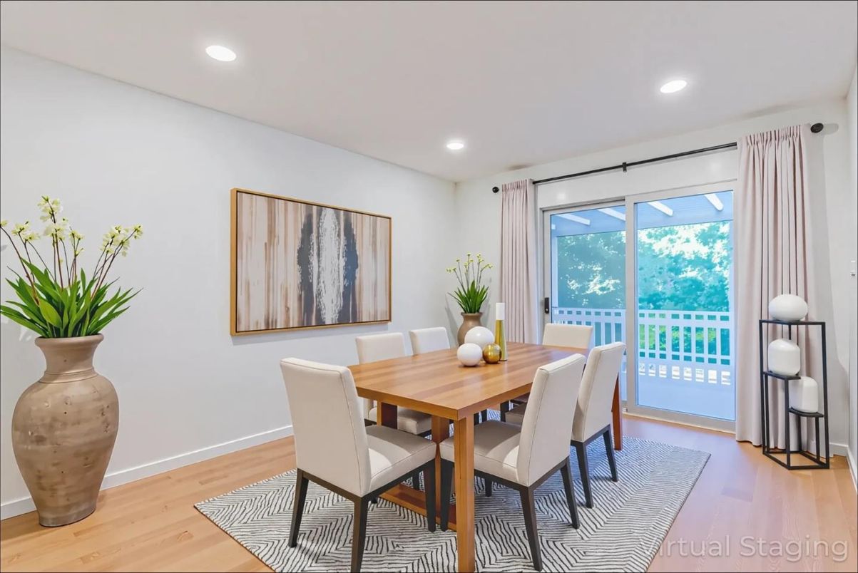 Dining room, Interior, Recessed Lighting, Wood Texture Flooring