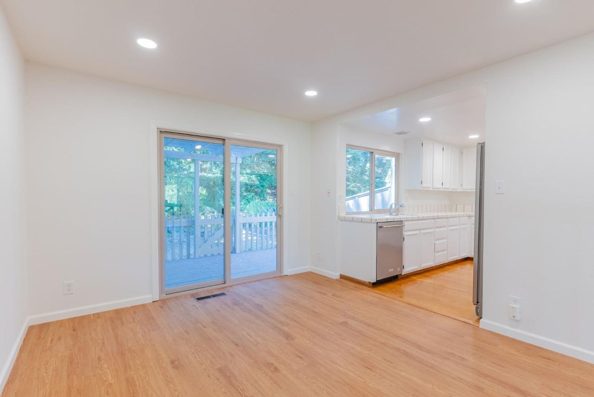 Empty room, Interior, Kitchen, Recessed Lighting, Wood Texture Flooring