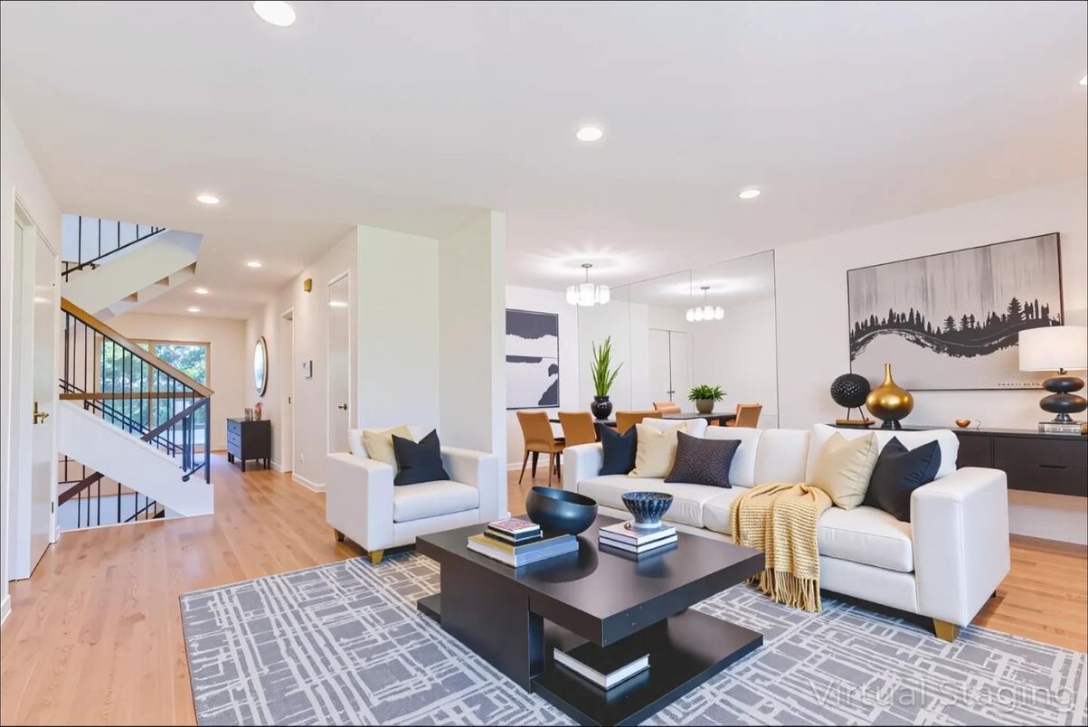 Dining room, Interior, Living room, Recessed Lighting, Wood Texture Flooring