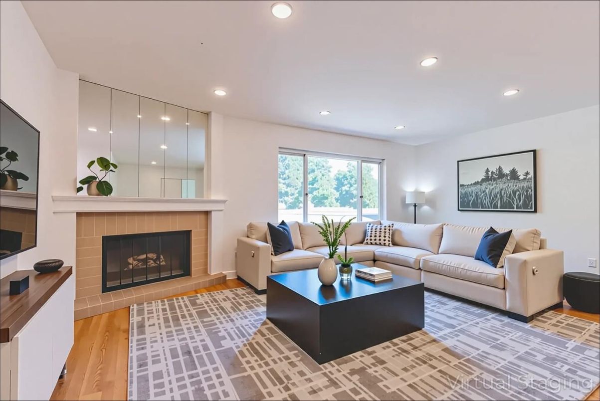 Fireplace, Interior, Living room, Recessed Lighting, Wood Texture Flooring