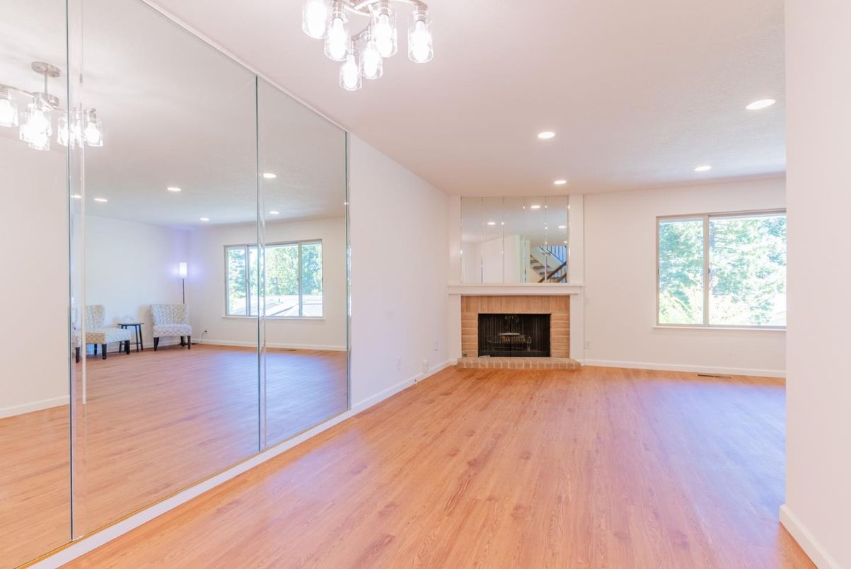 Empty room, Fireplace, Interior, Recessed Lighting, Wood Texture Flooring