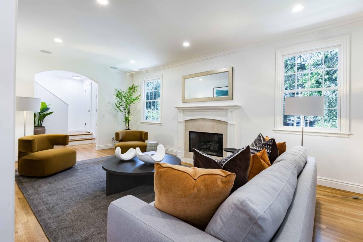 Fireplace, Interior, Living room, Recessed Lighting, Wood Texture Flooring