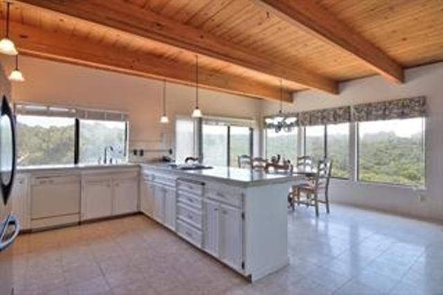 Chandelier, Dining room, Interior, Kitchen, Pendant Lights, Stainless Steel Appliances, Water, Wooden Beams, Wooden Ceilings