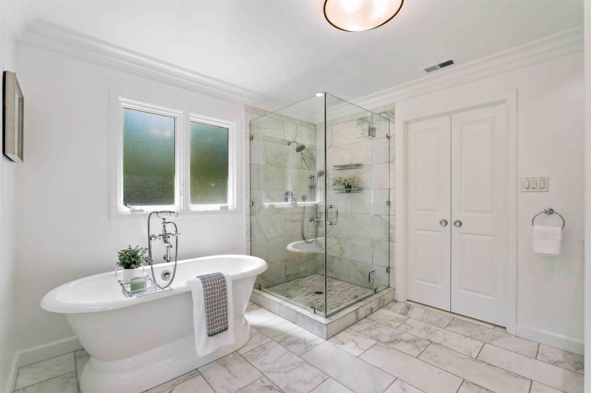 Bathroom, Free Standing Baths, Glass Shower, Interior, Marble, Marble Walls