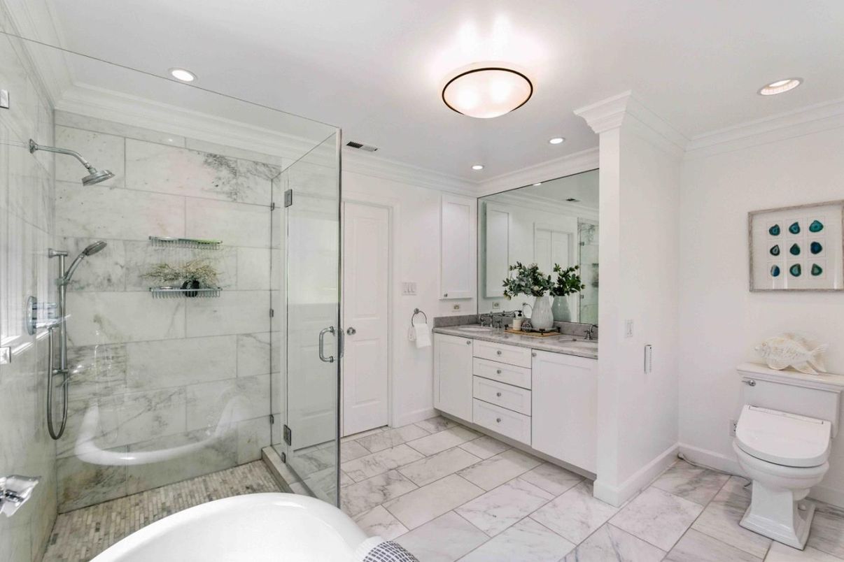 Bathroom, Glass Shower, Interior, Marble, Marble Walls, Recessed Lighting