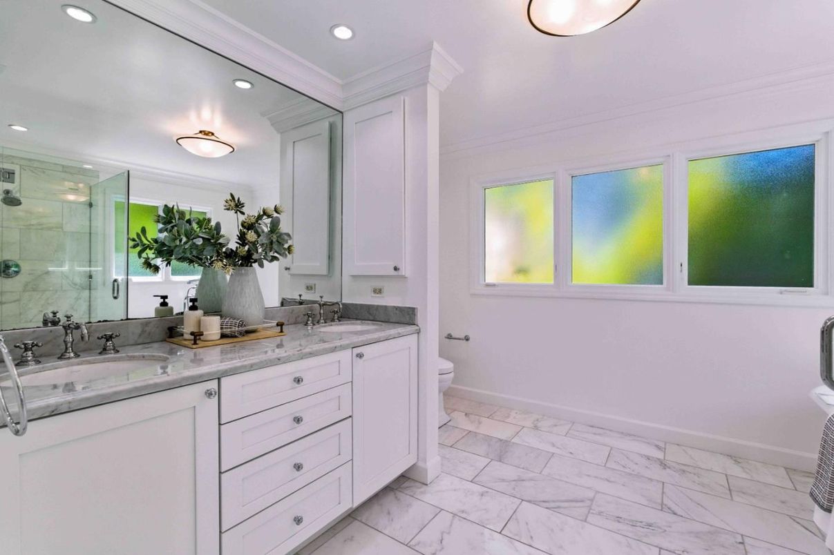 Bathroom, Dual Sink Vanities, Glass Shower, Interior, Marble, Recessed Lighting