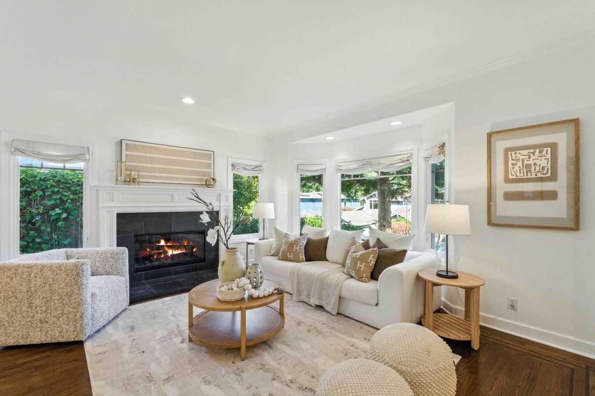 Fireplace, Interior, Living room, Recessed Lighting, Wood Texture Flooring
