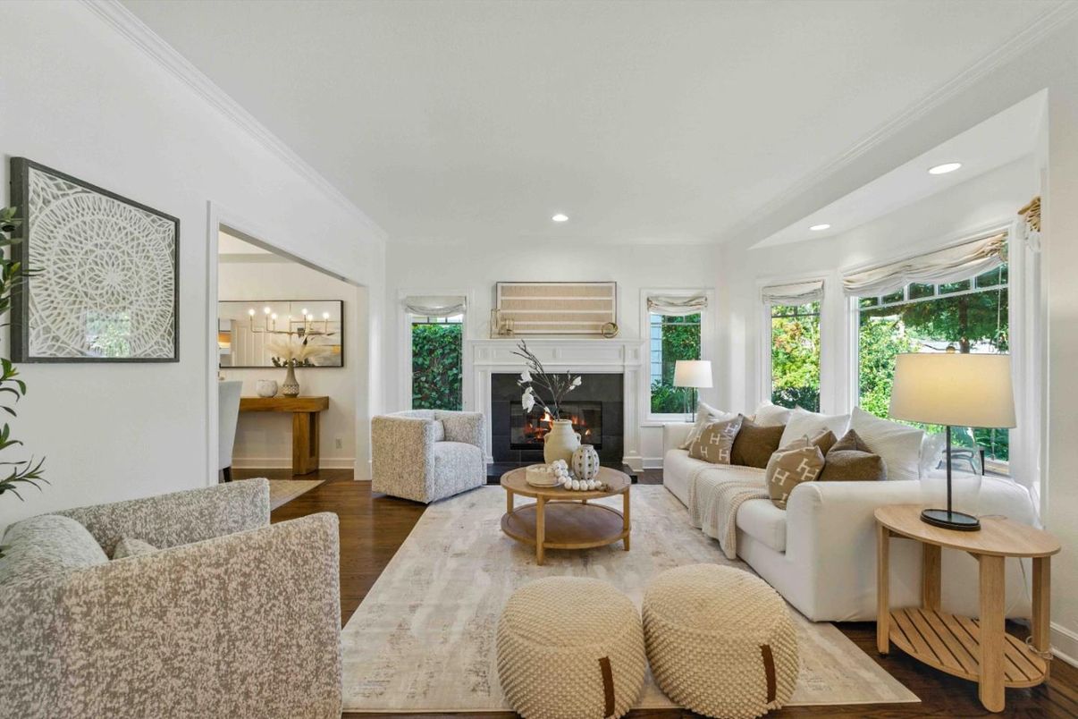 Fireplace, Interior, Living room, Recessed Lighting, Wood Texture Flooring