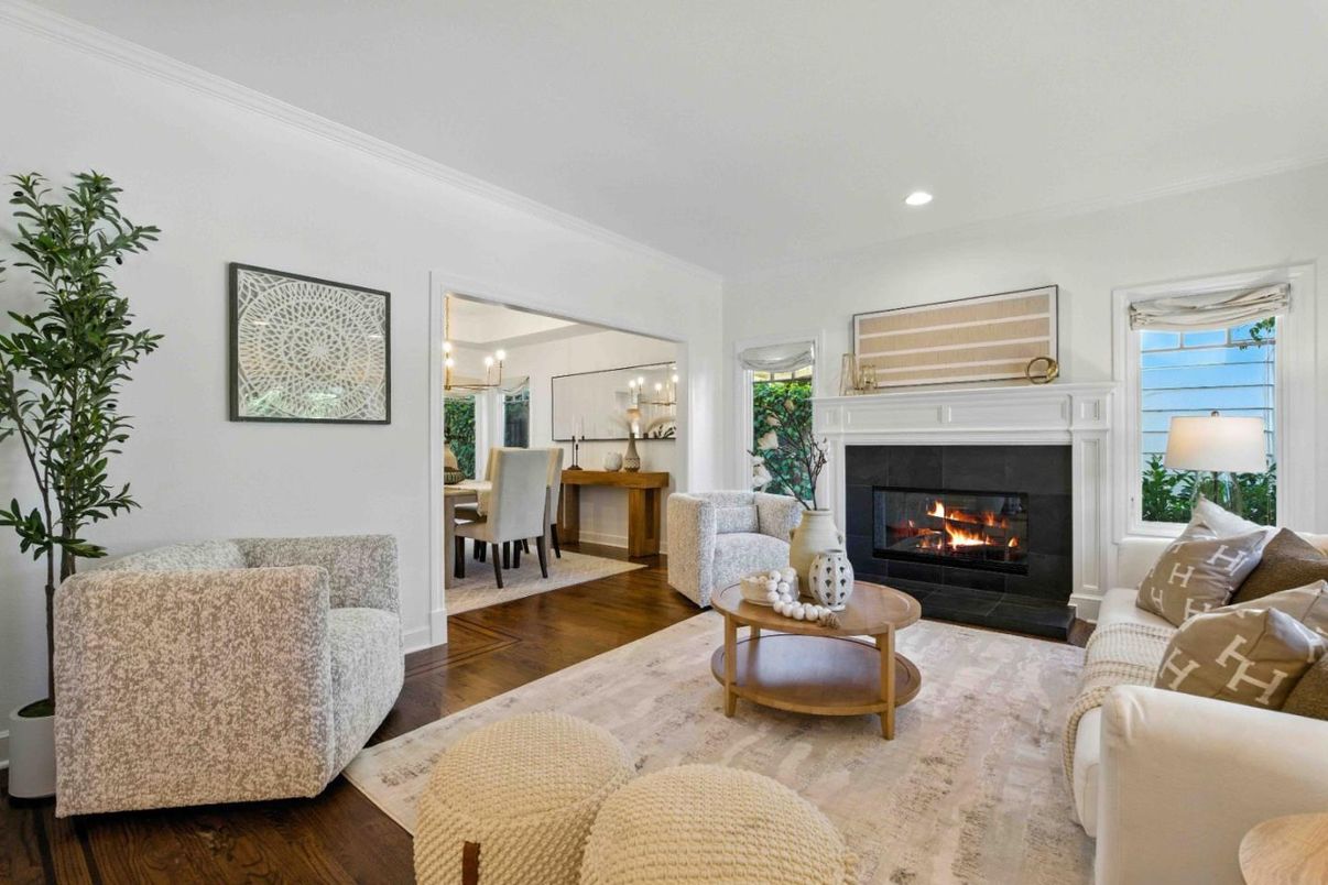 Dining room, Fireplace, Interior, Living room, Recessed Lighting, Wood Texture Flooring