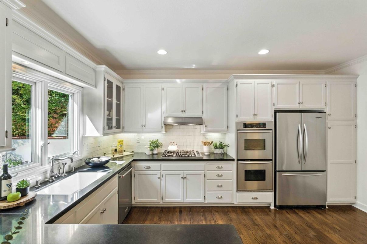 Interior, Kitchen, Recessed Lighting, Stainless Steel Appliances, Wood Texture Flooring
