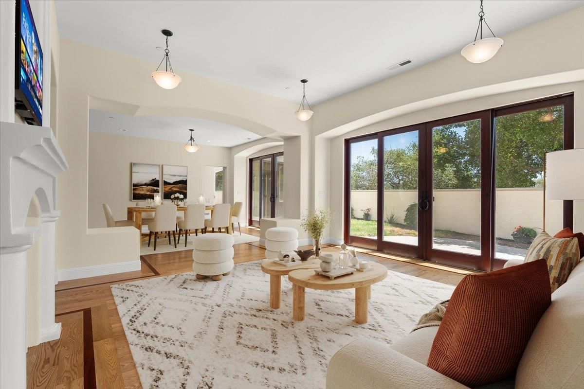 Dining room, Fireplace, Interior, Living room, Pendant Lights, Wood Texture Flooring