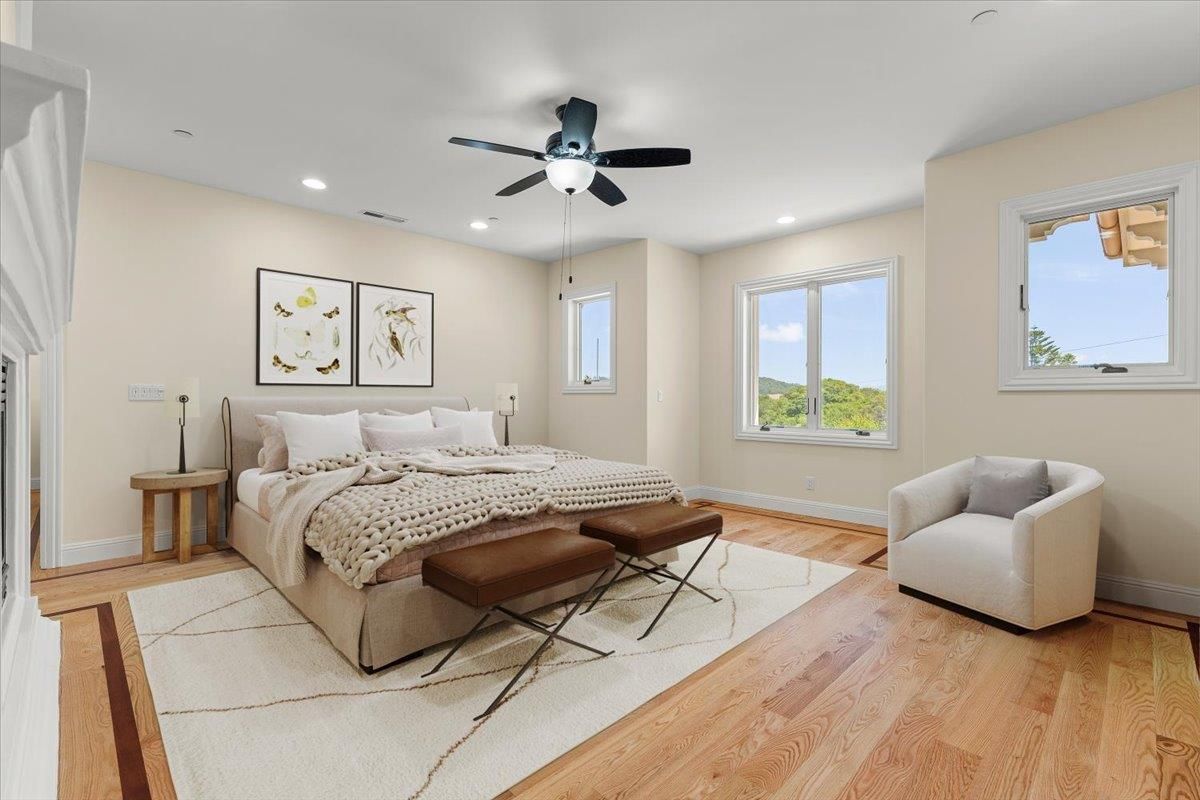 Bedroom, Interior, Recessed Lighting, Wood Texture Flooring