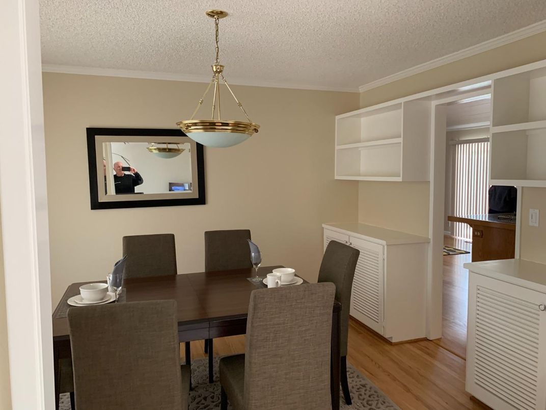 Dining room, Interior, Pendant Lights, Wood Texture Flooring