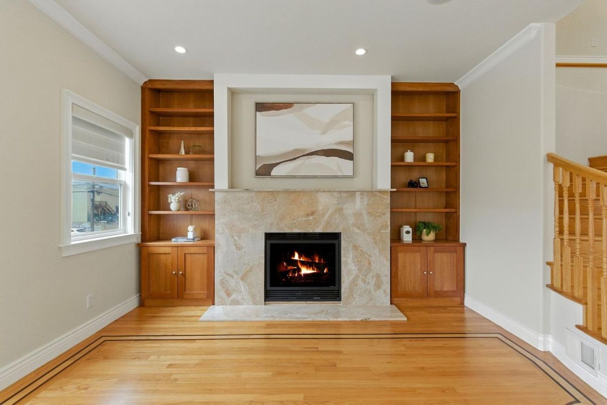 Fireplace, Interior, Recessed Lighting, Wood Texture Flooring