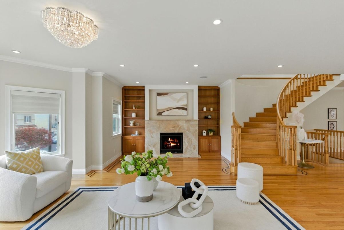 Chandelier, Fireplace, Interior, Living room, Recessed Lighting, Wood Texture Flooring