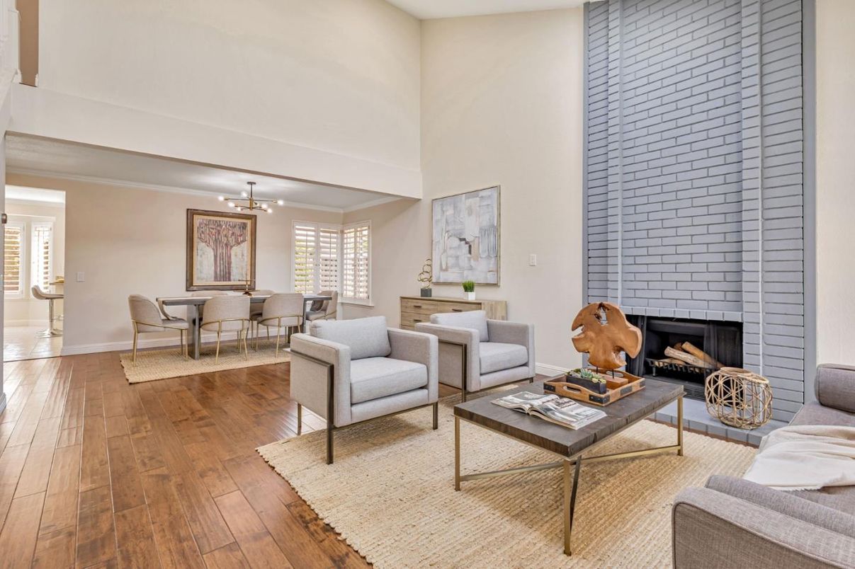 Dining room, Fireplace, Interior, Living room, Pendant Lights, Stone Walls, Wood Texture Flooring