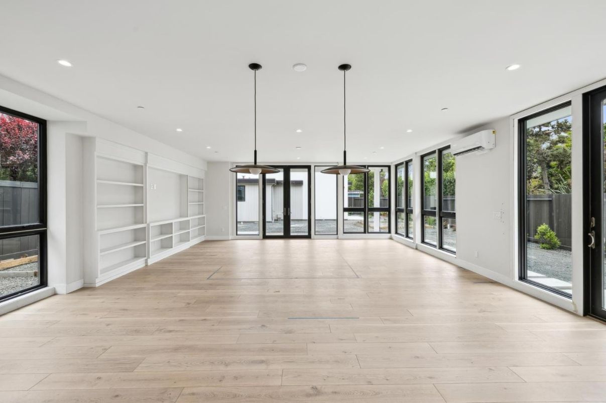 Empty room, Interior, Pendant Lights, Recessed Lighting, Wood Texture Flooring