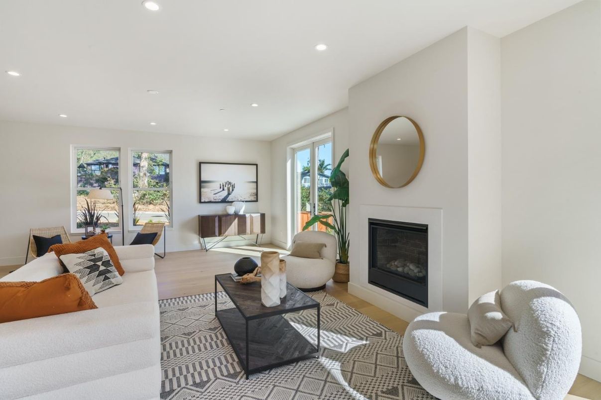 Fireplace, Interior, Living room, Recessed Lighting, Wood Texture Flooring