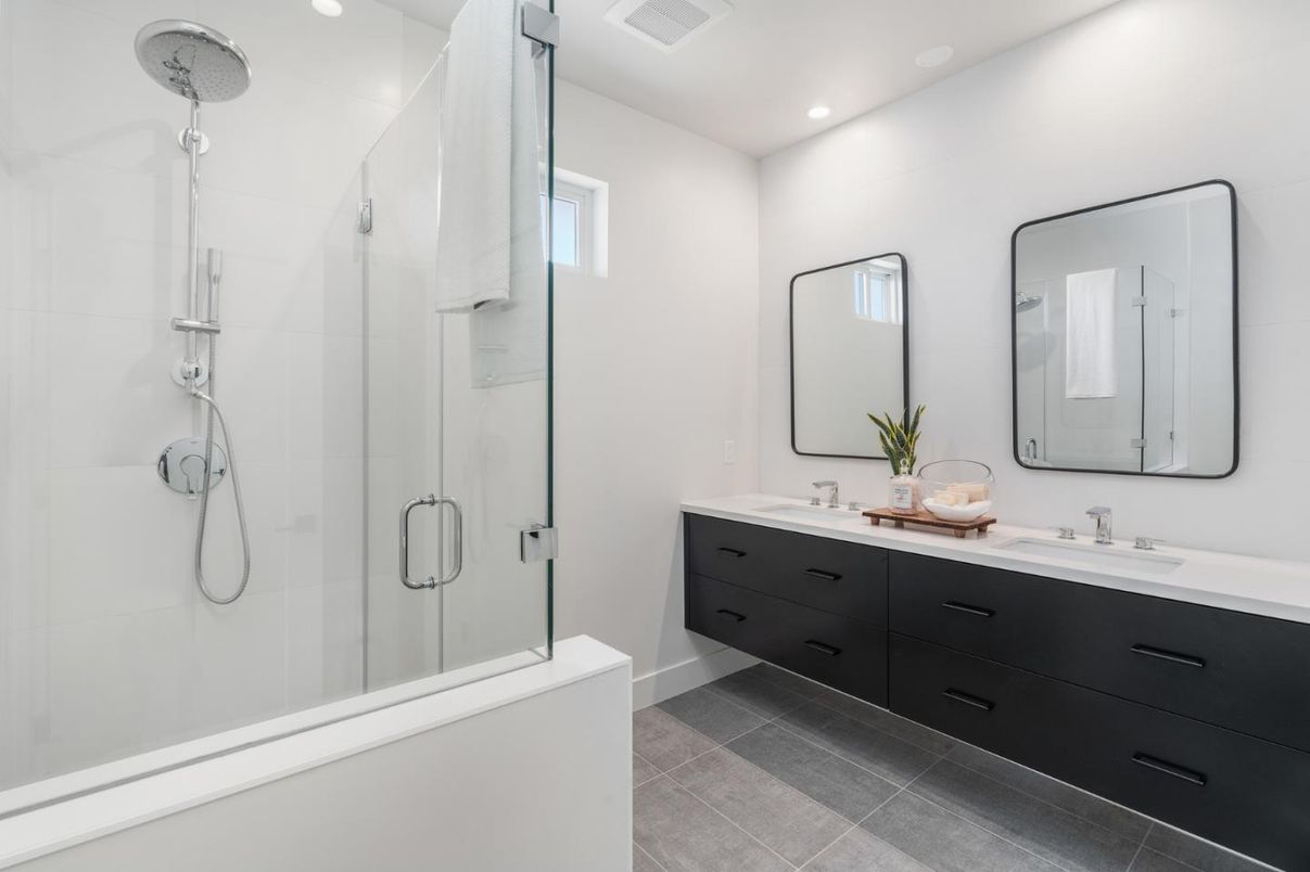 Bathroom, Dual Sink Vanities, Glass Shower, Interior, Recessed Lighting