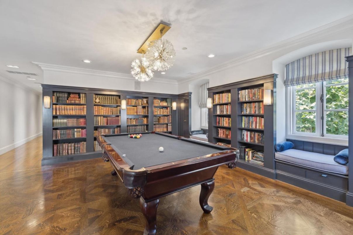 Billiard Table, Game Room, Interior, Pendant Lights, Recessed Lighting, Wood Texture Flooring