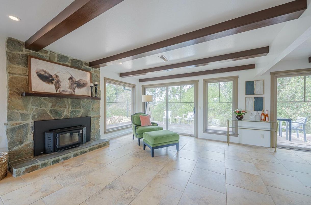 Fireplace, Interior, Recessed Lighting, Wooden Beams