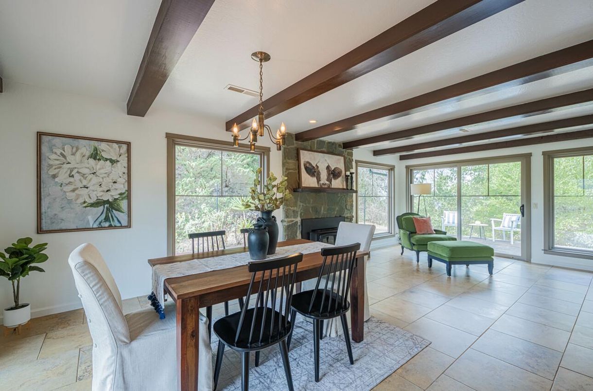 Chandelier, Dining room, Fireplace, Interior, Pendant Lights, Recessed Lighting, Wooden Beams