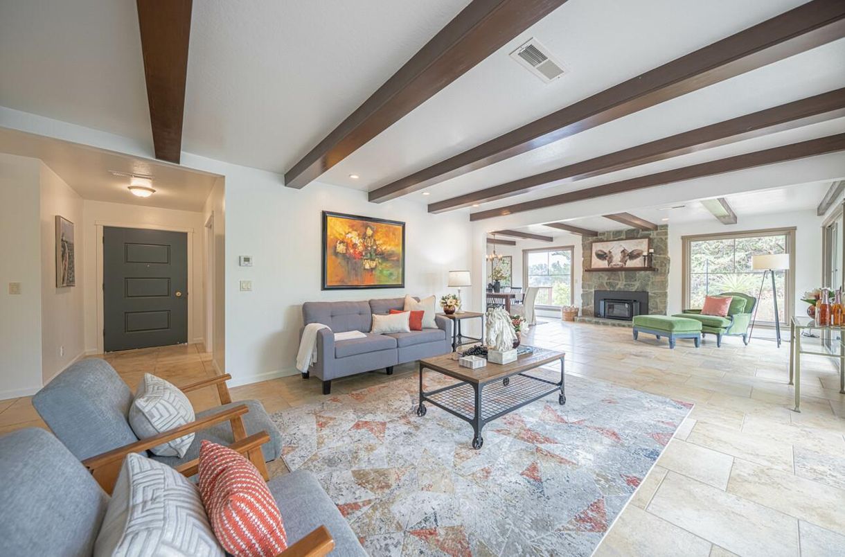 Fireplace, Interior, Living room, Recessed Lighting, Wooden Beams