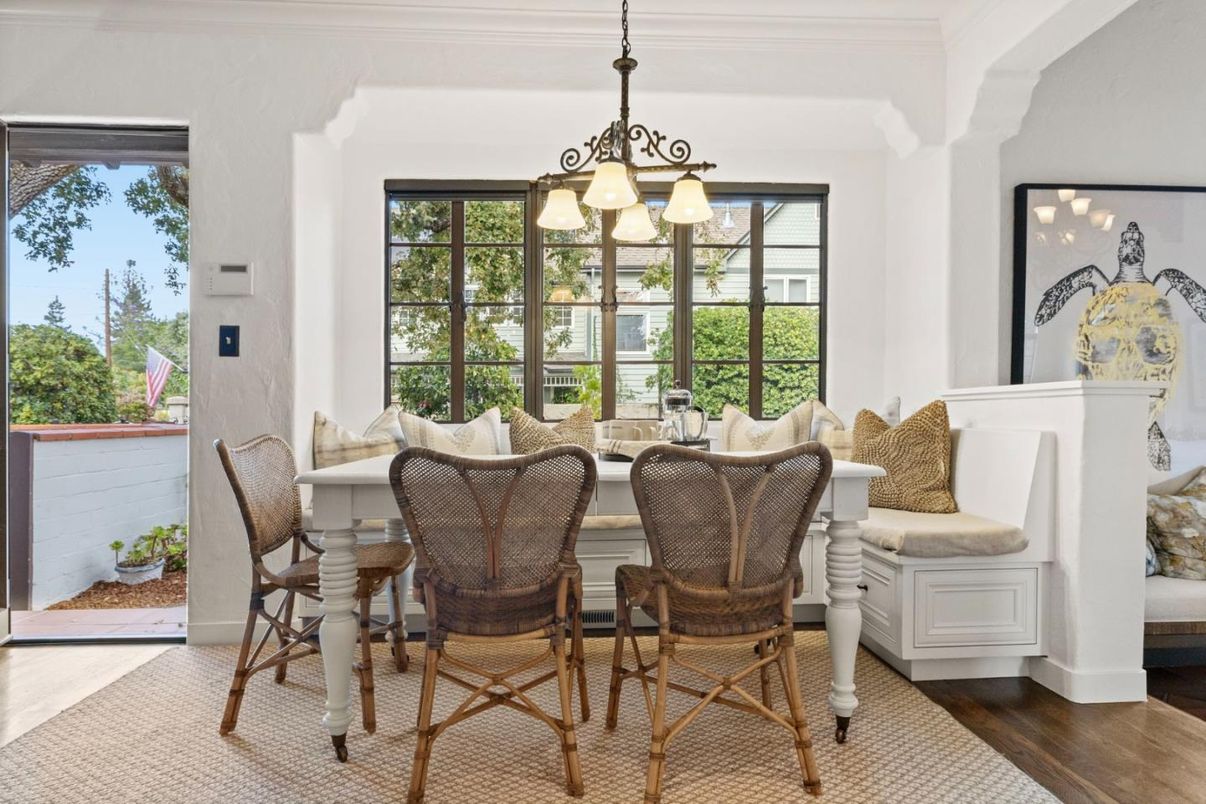Dining room, Interior, Pendant Lights, Wood Texture Flooring