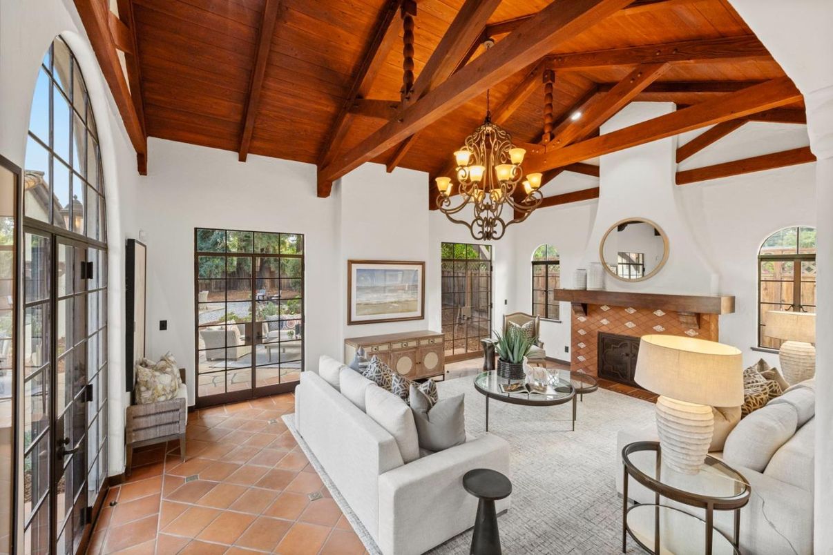 Chandelier, Fireplace, Interior, Living room, Recessed Lighting, Wooden Beams, Wooden Ceilings