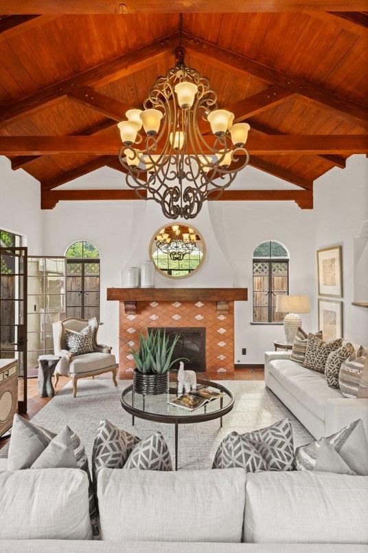 Chandelier, Fireplace, Interior, Living room, Wooden Beams, Wooden Ceilings