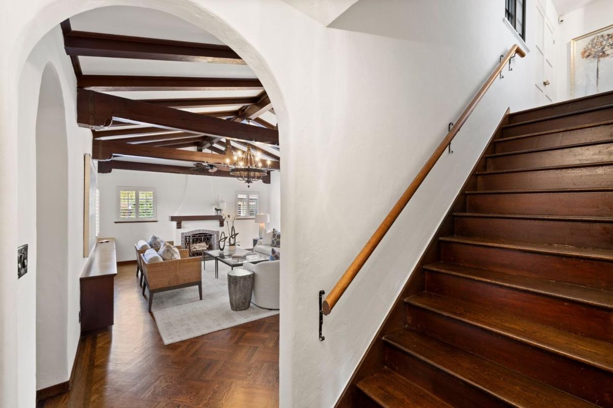 Chandelier, Fireplace, Interior, Living room, Pendant Lights, Wooden Beams, Wood Texture Flooring