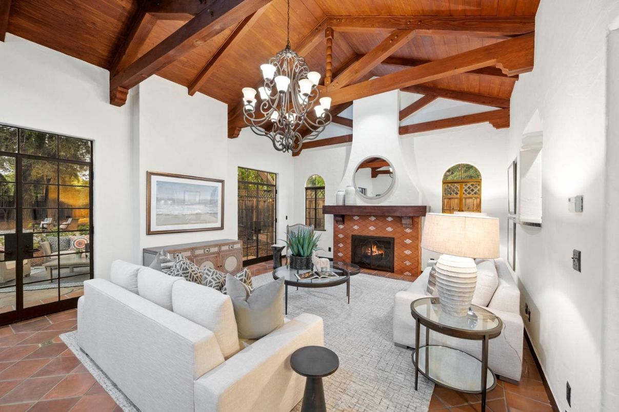 Chandelier, Fireplace, Interior, Living room, Wooden Beams, Wooden Ceilings