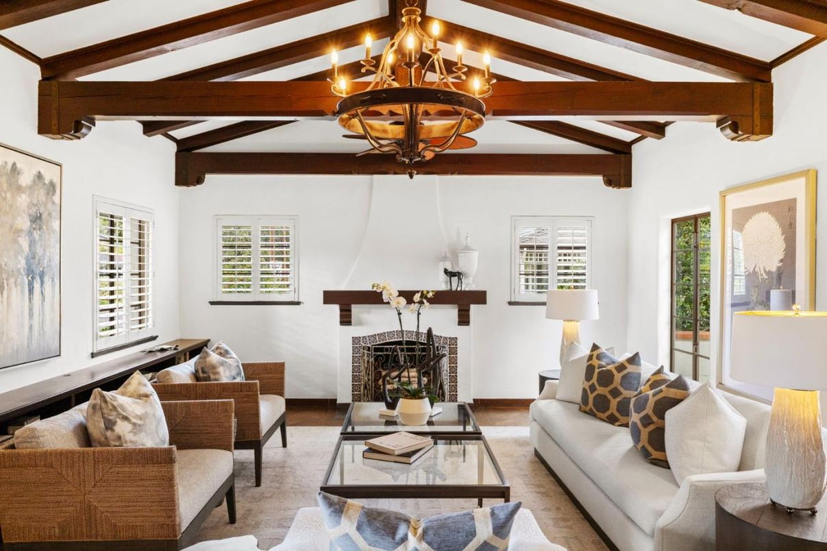 Chandelier, Fireplace, Interior, Living room, Wooden Beams, Wood Texture Flooring