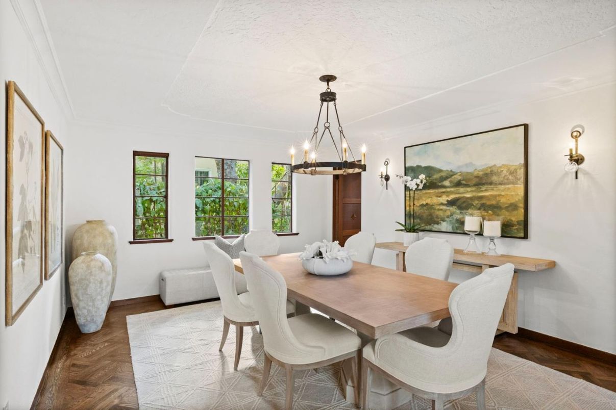 Dining room, Interior, Pendant Lights, Wood Texture Flooring